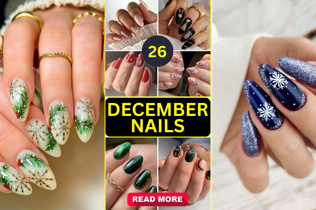 26 December Nails Festive Ideas with Glitter, Red, Green, and