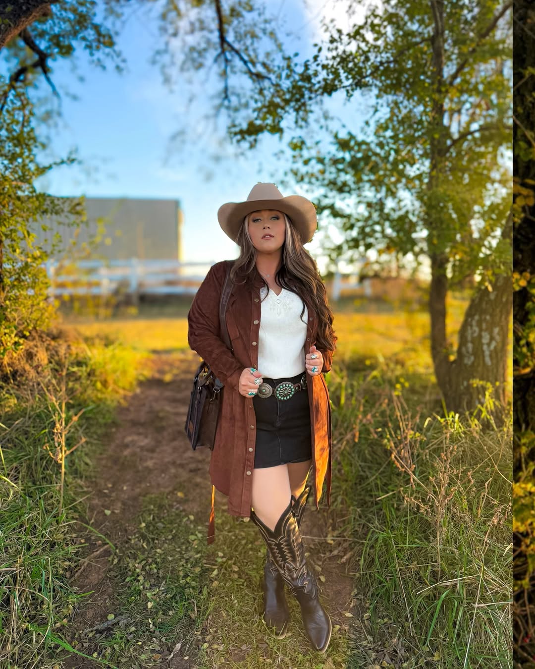 Brown Duster Black Skirt