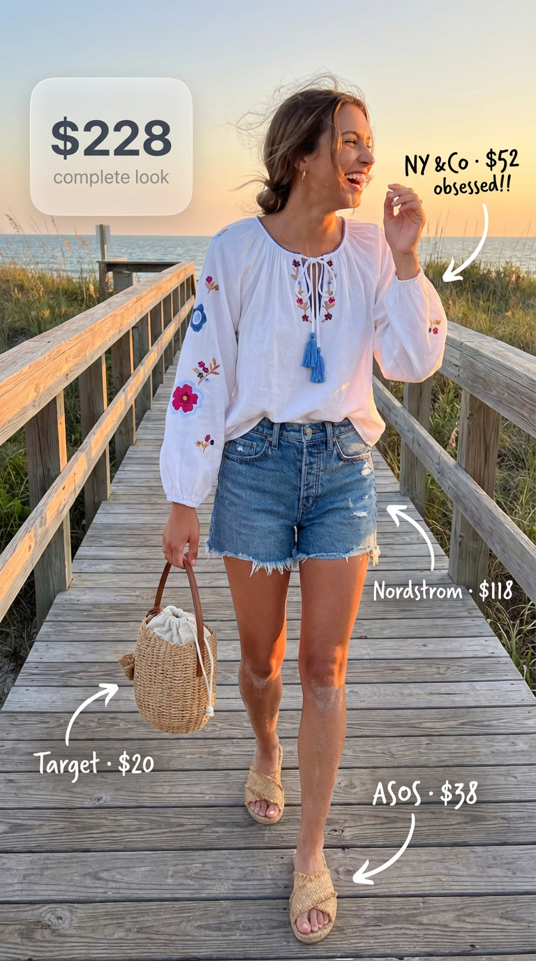 Bohemian Beach Outfits for Women 2024: Denim & Flowy Top Casual beach outfits for women with light wash denim shorts, a white embroidered peasant blouse, tan espadrille sandals, and a woven bucket bag for a bohemian look.
