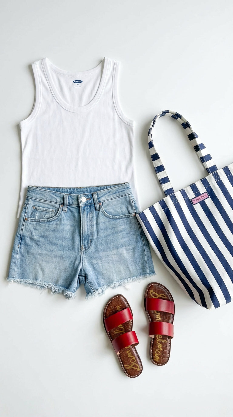 Casual Beach Day Outfits for Women 2024: Denim & Tank Comfortable beach outfits for women featuring light wash denim shorts, a white tank top, red slide sandals, and a striped canvas tote for a relaxed day.