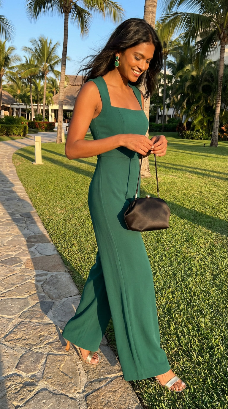 Evening Glam Resort Jumpsuit Beach Outfits Women 2024 Glamorous emerald green jumpsuit, a stunning choice for beach outfits women seeking elegance for an evening resort event or cocktail party. Styled with gold metallic heels, statement earrings, and a black satin clutch.