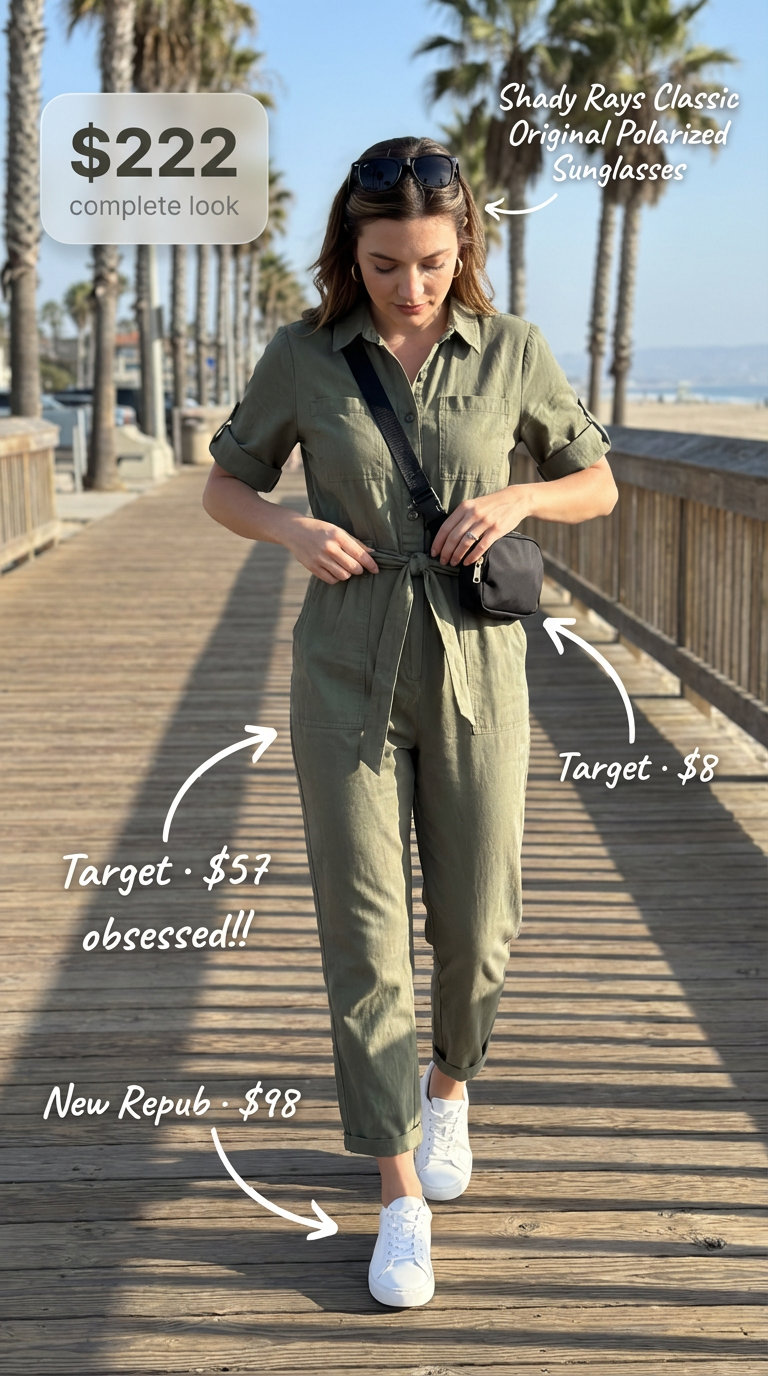 Utility Jumpsuit: Beach Outfits Women 2024 Khaki green utility jumpsuit with white sneakers and a black belt bag for practical beach outfits women, ideal for travel.