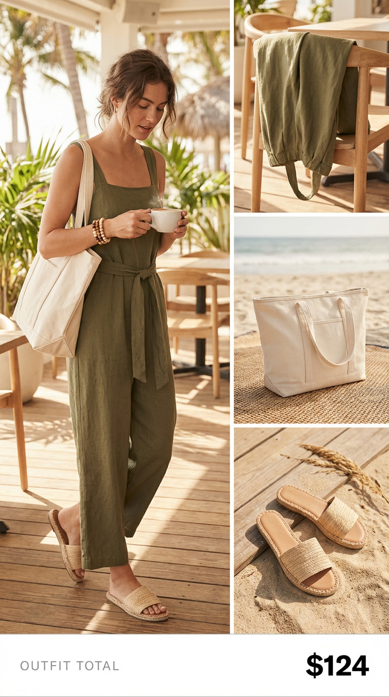 Effortless Olive Jumpsuit: Beach Outfits Women 2024 Chic olive green linen blend wide-leg jumpsuit with cream accessories for comfortable beach outfits women. Perfect for a casual brunch.