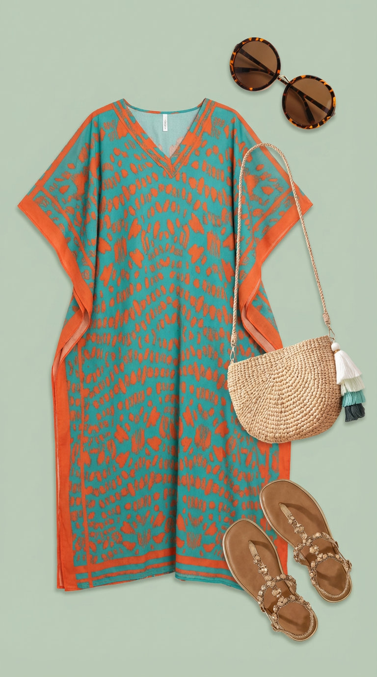 Boho Kaftan Style: Beach Outfits Women 2024 Bohemian turquoise kaftan maxi dress with orange print, gold sandals, and a round straw bag for relaxed beach outfits women.
