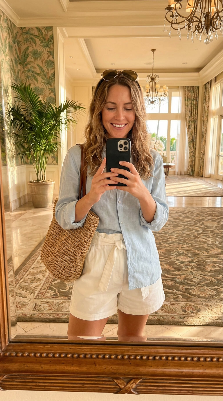 Laid-Back Linen Beach Outfits Women 2024 Relaxed blue linen button-down shirt and white denim shorts, perfect for casual beach outfits women. Styled with brown slide sandals, a woven straw tote, and classic aviator sunglasses for a laid-back lunch or stroll.