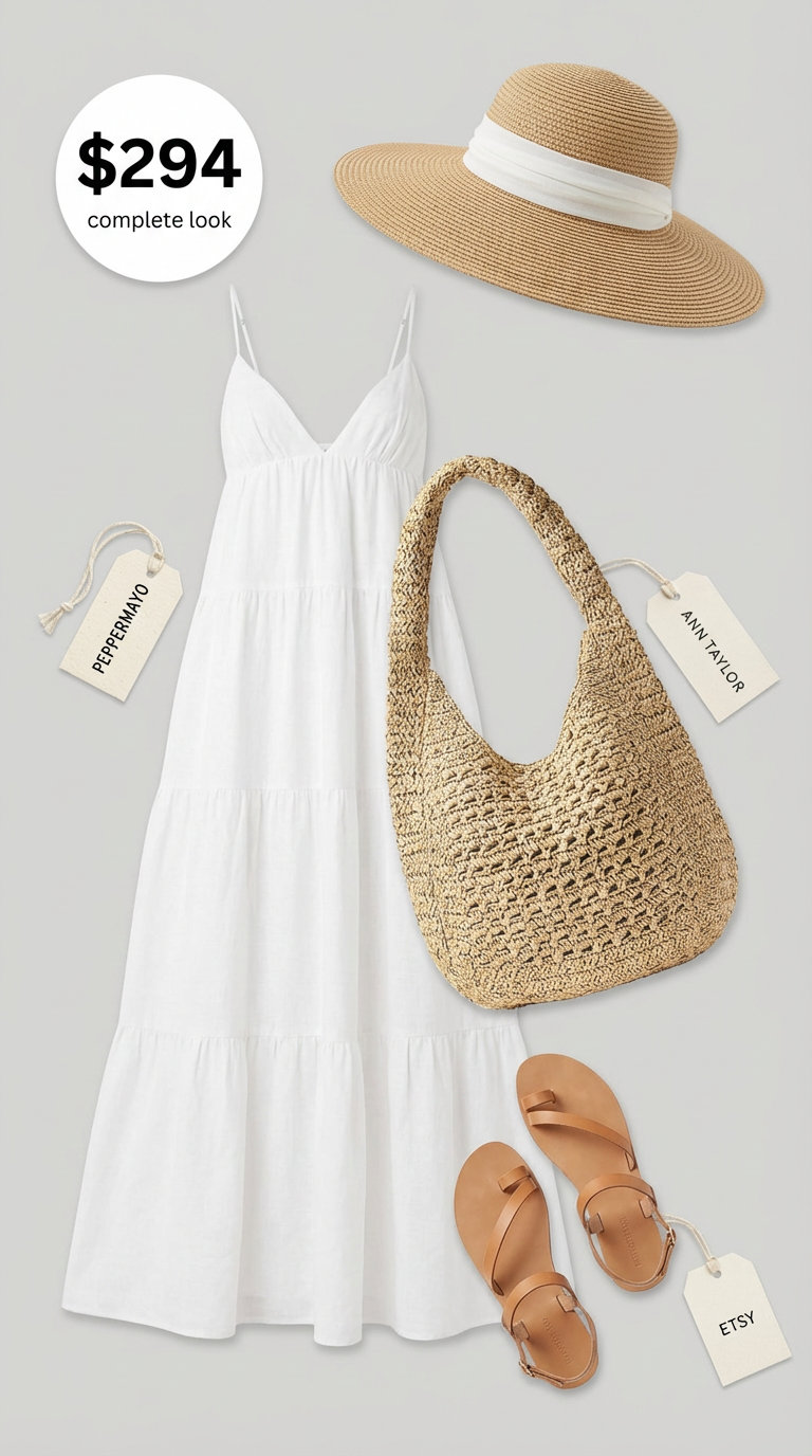 Seaside Chic Maxi: Beach Outfits Women 2024 Elegant white linen blend maxi dress with tan sandals and a straw hat, perfect for sophisticated beach outfits women.