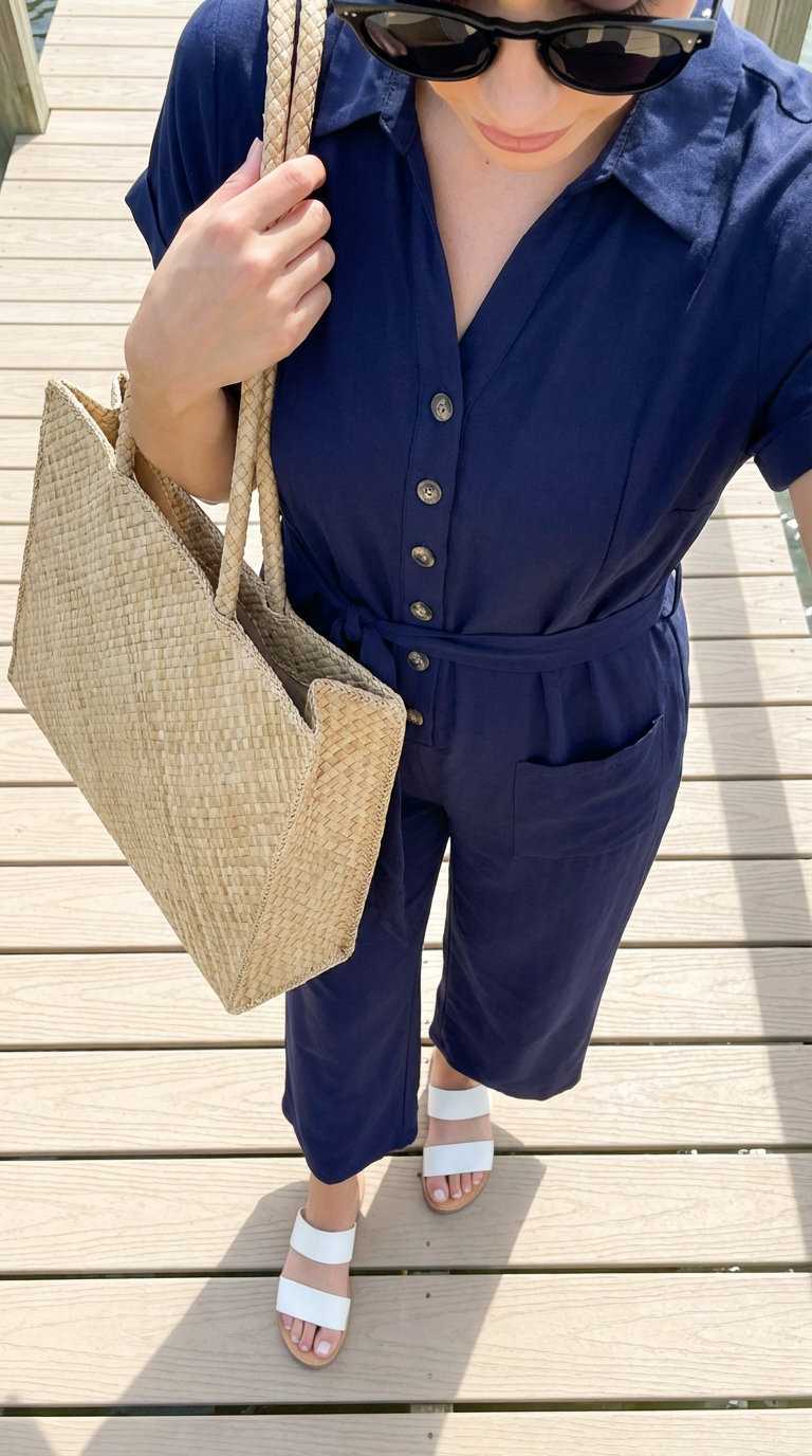 Poolside Chic Jumpsuit Beach Outfits Women 2024 Modern navy blue utility jumpsuit with a relaxed fit, a chic addition to beach outfits women for poolside lounging or a casual dinner. Styled with white slide sandals, a woven tote, and round frame sunglasses.