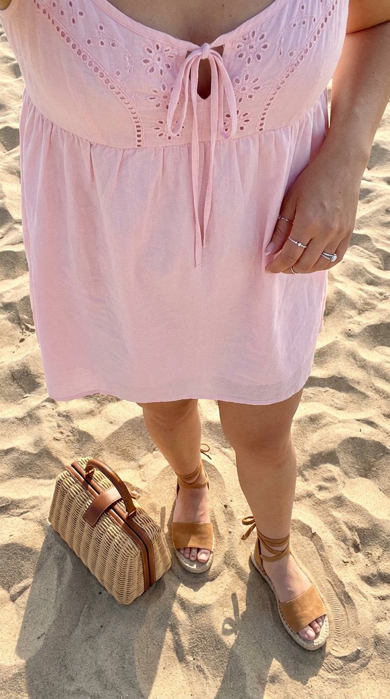 Romantic Beach Outfits for Women 2024: Pink Eyelet Dress Romantic light pink eyelet babydoll dress, a perfect choice for feminine beach outfits for women, paired with espadrille sandals and a wicker basket bag.