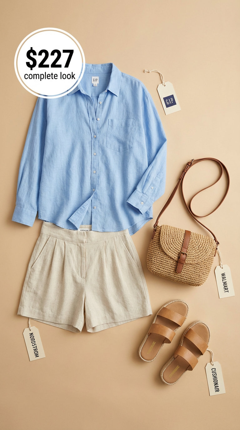 Coastal Linen Shorts: Beach Outfits Women 2024 Sky blue linen blend shorts with a white oversized button-down, creating stylish beach outfits women for coastal exploration.