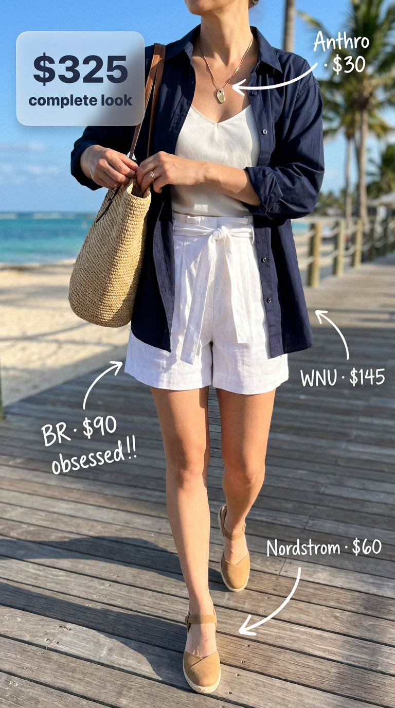 Linen Lunch Look: Beach Outfits Women 2024 White linen blend shorts with a navy oversized shirt and espadrille wedges, perfect for sophisticated beach outfits women.