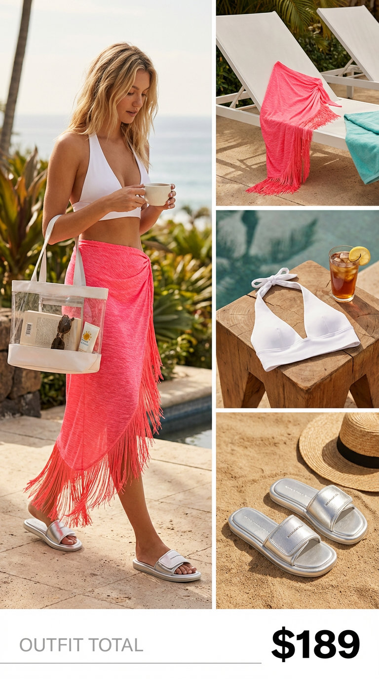 Poolside Chic: Beach Outfits Women 2024 Glamorous hot pink sarong skirt with a white halter bikini top, making playful beach outfits women for poolside lounging.