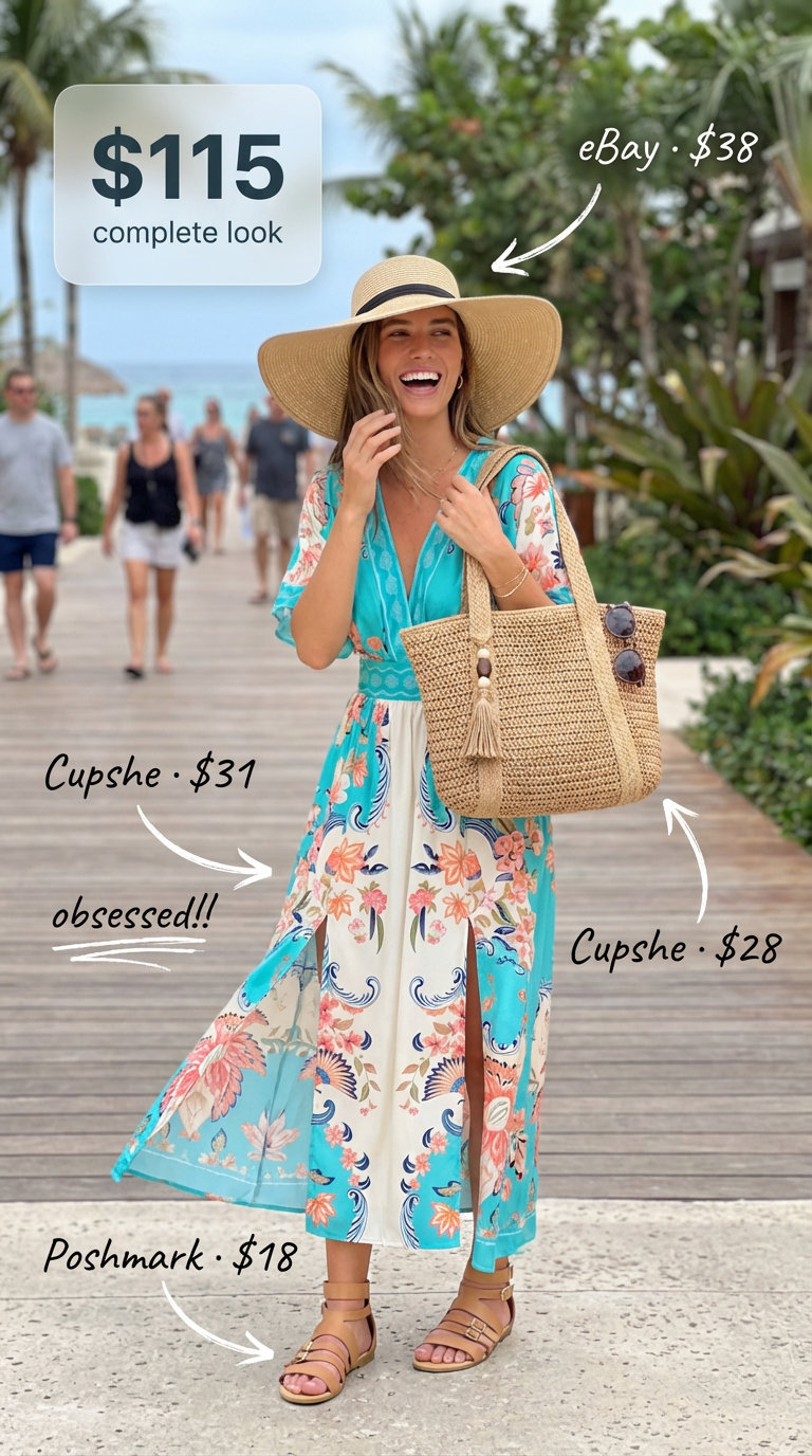 Tropical Breeze Beach Outfits Women 2024 Beautiful beach outfits women will love: a turquoise, coral, and white tropical print maxi dress, perfect for a vibrant resort dinner on vacation. Paired with a straw tote, gladiator sandals, and wide-brim hat.