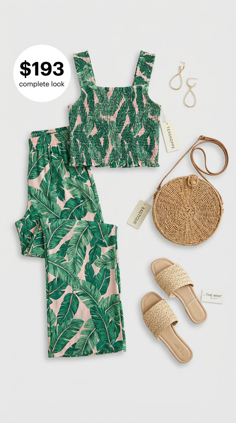 Vibrant Tropical Set Beach Outfits Women 2024 Playful green and pink tropical print crop top and wide-leg pant matching set, an ideal choice for vibrant beach outfits women at the poolside or beach day. Accessorized with woven slide sandals, gold hoops, and a straw crossbody bag.