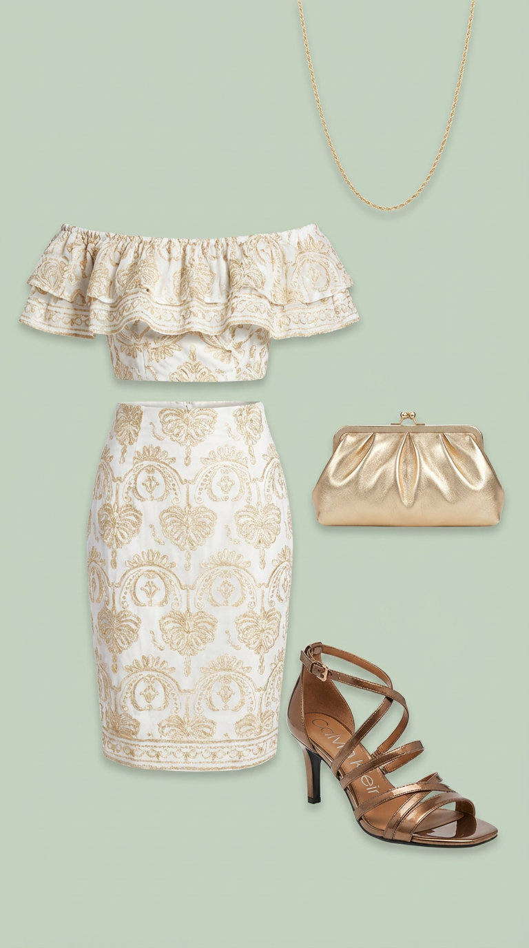 Resort Glam Matching Set Beach Outfits Women 2024 Sophisticated white and gold embroidered crop top and midi skirt set, a glamorous option for beach outfits women at resort dinners or evening events. Styled with gold metallic heels, a delicate necklace, and a small metallic clutch.