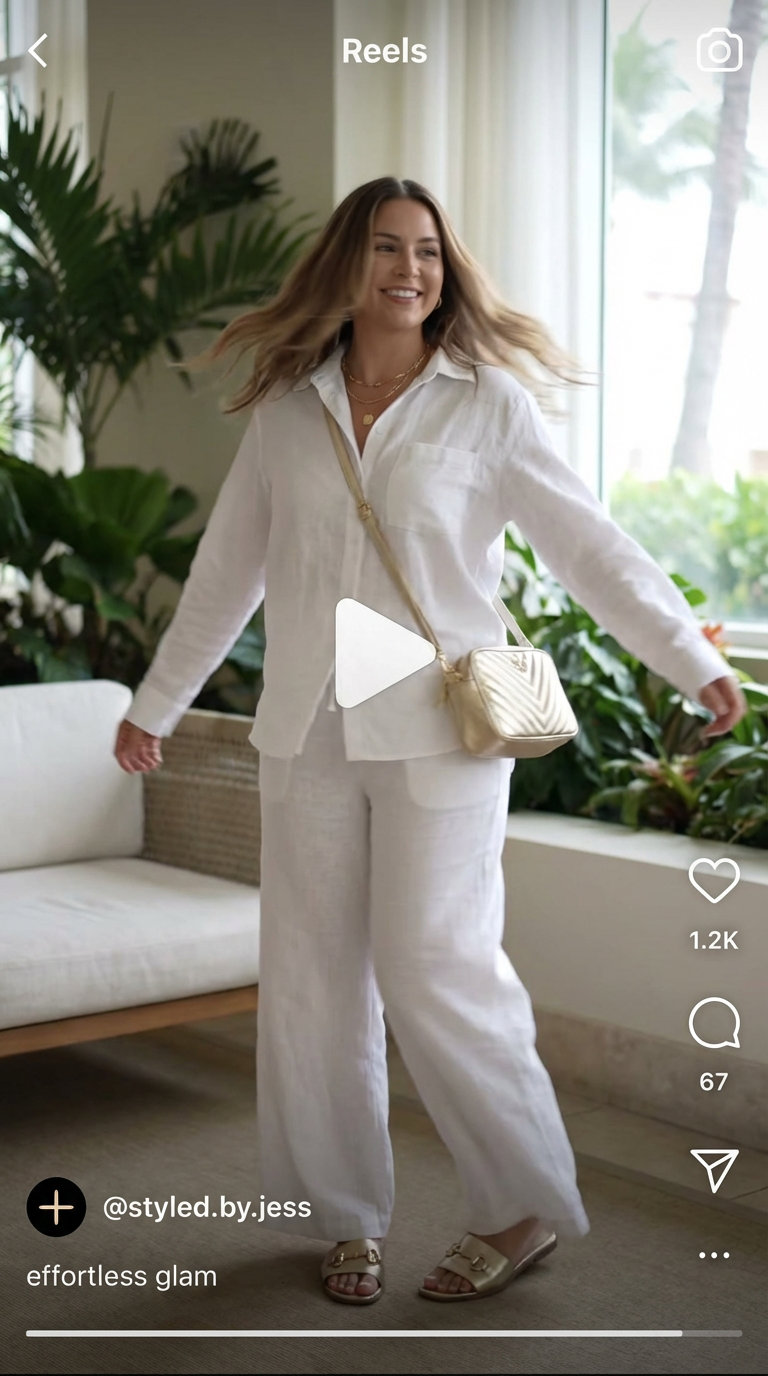 Effortless Linen Set Beach Outfits Women 2024 Effortless white linen blend button-down shirt and matching shorts, an ideal choice for stylish beach outfits women at a beach bar or resort lounge. Accessorized with metallic gold slides, layered necklaces, and a metallic crossbody bag.