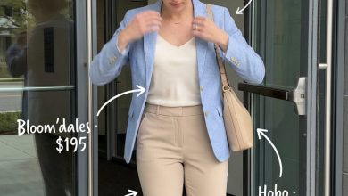 Chic light blue linen blazer and beige trousers for a business casual summer Friday, paired with a white silk camisole, nude loafers, and a taupe shoulder bag. Ideal for a relaxed professional look.