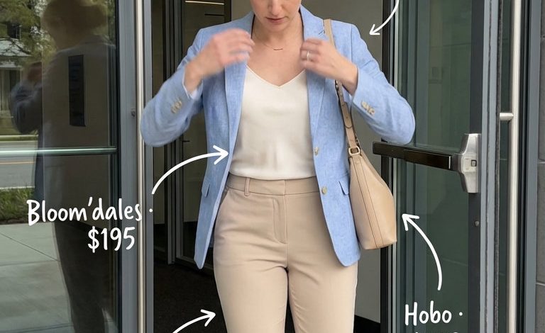 Chic light blue linen blazer and beige trousers for a business casual summer Friday, paired with a white silk camisole, nude loafers, and a taupe shoulder bag. Ideal for a relaxed professional look.
