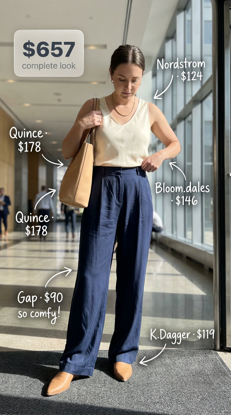 Polished business casual outfits for summer with navy wide-leg trousers, a cream shell top, tan mules, and a cognac tote. Ideal for meetings.