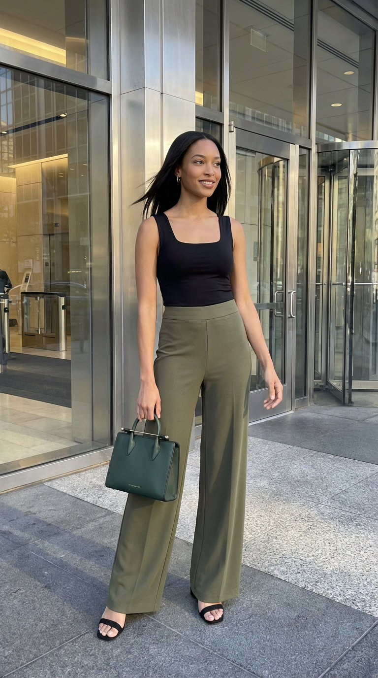 Modern business casual outfit for summer with olive green palazzo pants, a black knit top, block-heel sandals, and mini tote. Stylish workwear.