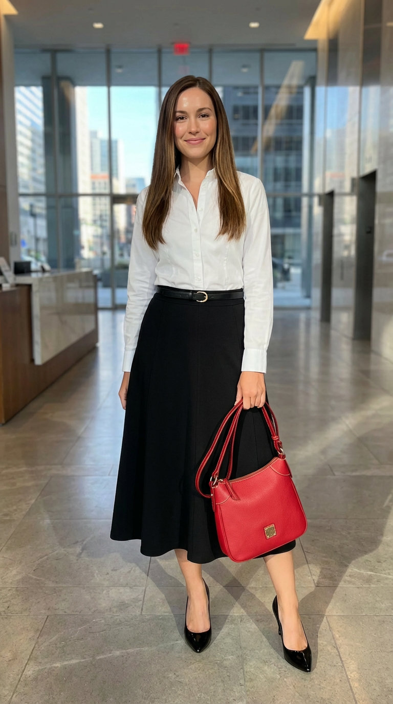 Sleek black A-line midi skirt and white button-down shirt business casual summer look, accented with a crimson red crossbody bag, black pumps, and a thin belt. Perfect for client meetings.