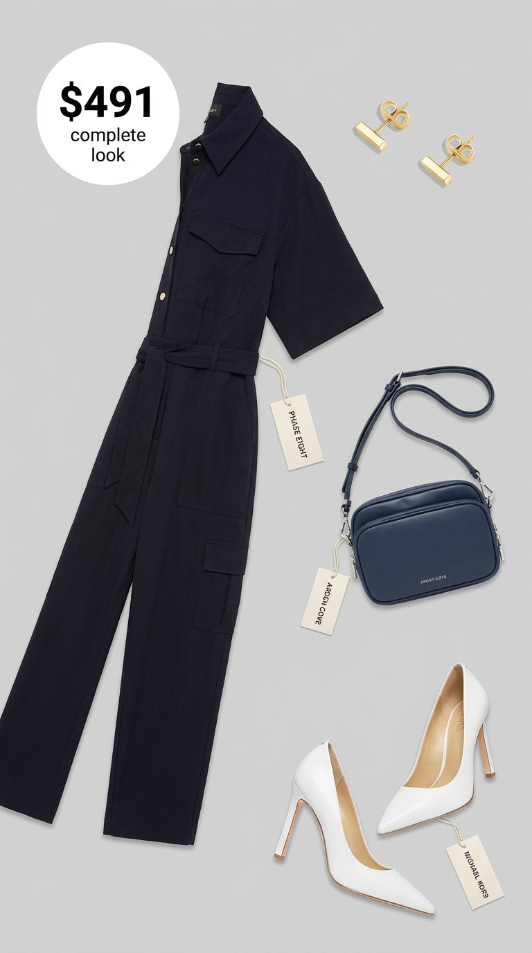 Polished navy blue Tencel twill utility jumpsuit, a modern business casual summer outfit option, paired with white pointed-toe pumps and a structured crossbody bag. Confident and streamlined for work.