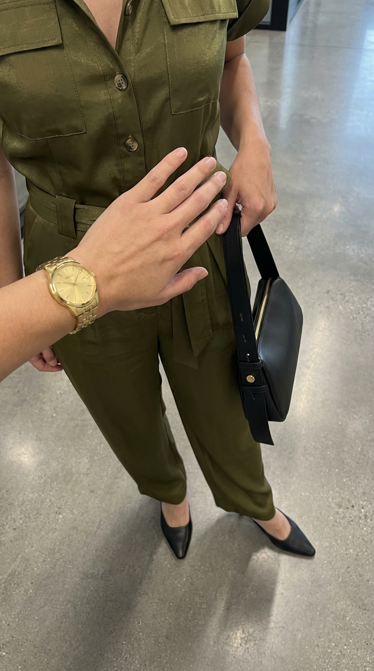 Effortless olive green Tencel utility jumpsuit with black leather mules and a structured shoulder bag, a chic business casual summer outfit. Great for daily office wear and travel.