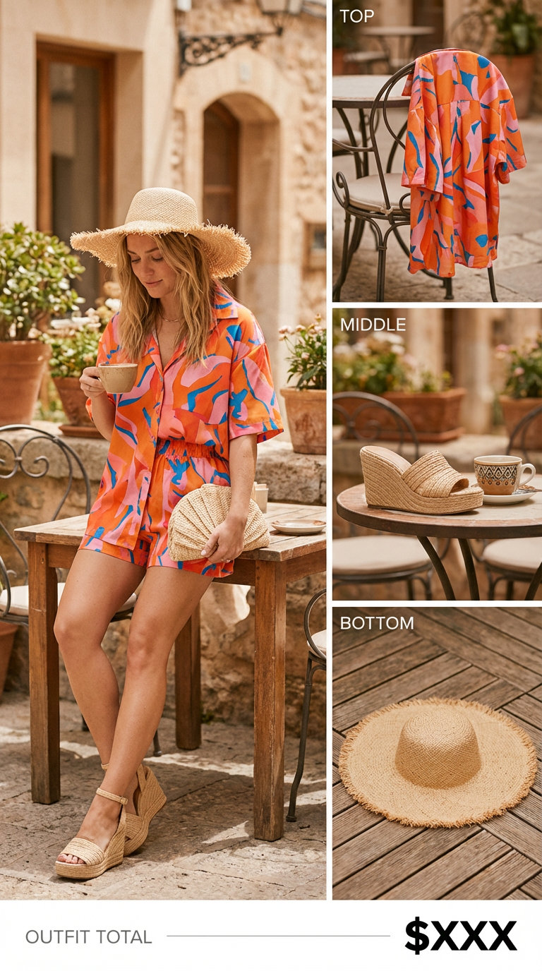 Retro Resort Vibe: Cute Summer Outfits 2024 Retro orange, pink, white abstract print matching set, platform espadrille wedges, straw hat for cute summer outfits.