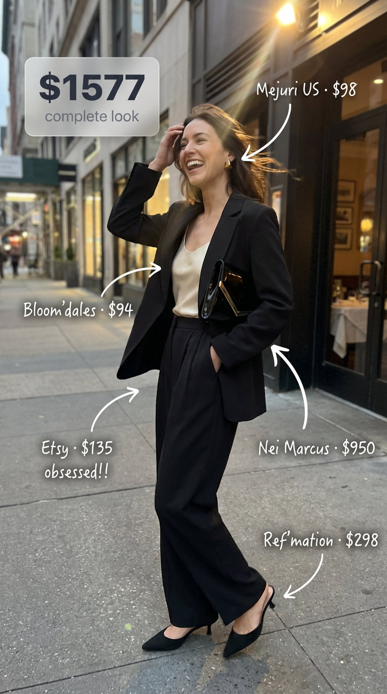 Art Gallery Opening: Cute Summer Outfits 2024 A sophisticated modern art gallery opening cute summer outfit featuring a black crepe blazer and trousers set, silk camisole, and gold accents.