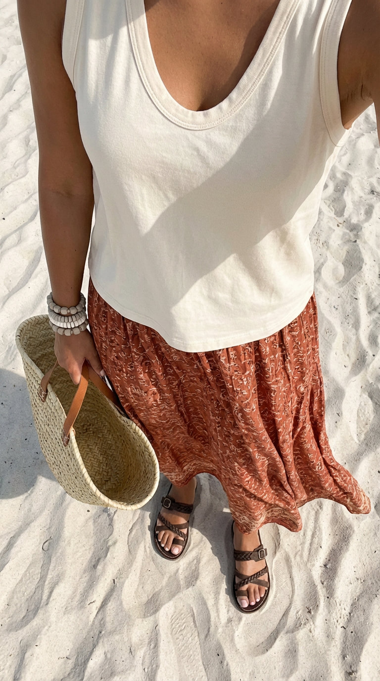 Bohemian Beach Day: Cute Summer Outfits 2024 A bohemian beach day cute summer outfit featuring an earthy terracotta and cream tiered midi skirt, cream tank top, and brown leather sandals with a straw tote.