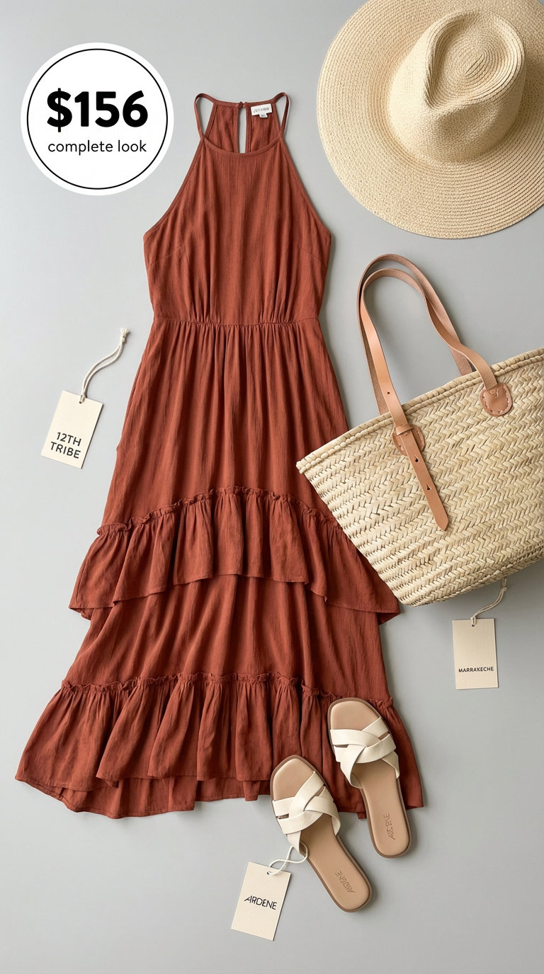 Boho Beach Club: Cute Summer Outfits 2024 Relaxed boho beach club look, a cute summer outfit featuring an orange crinkle tiered maxi dress, cream braided sandals, and a large straw tote for a casual resort-wear vibe.