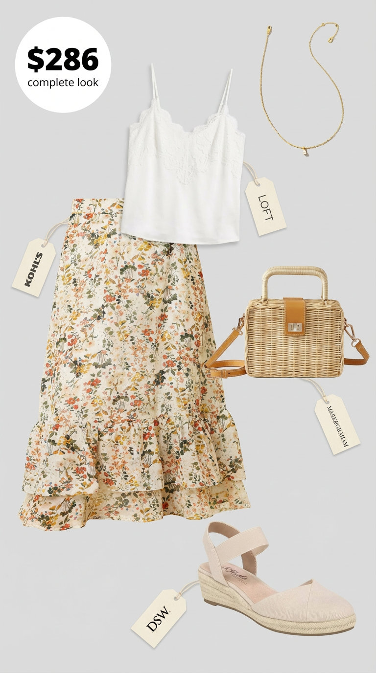 Brunch Date Ready: Cute Summer Outfits 2024 A romantic sundrenched brunch date cute summer outfit featuring a white floral midi skirt, lace camisole, espadrille wedges, and a wicker bag.