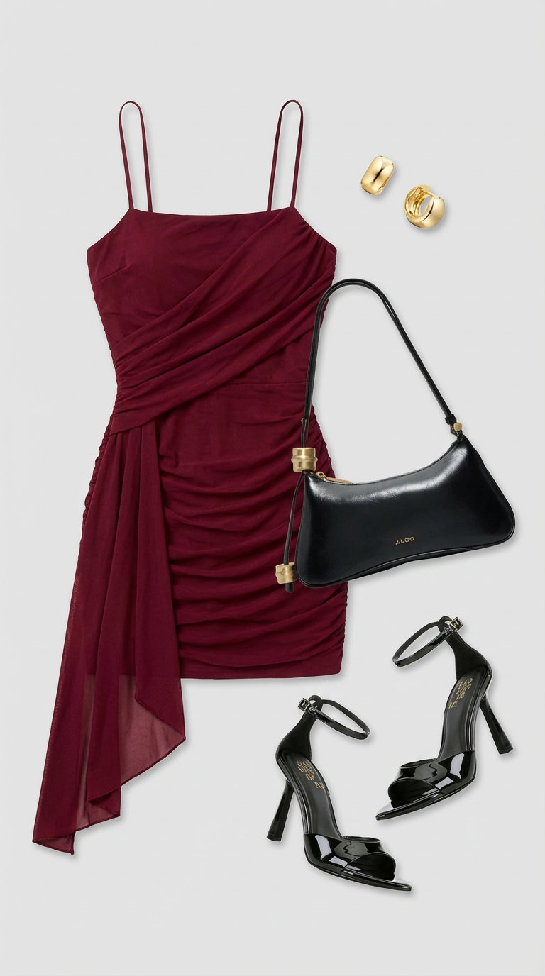 Sunset Date Night: Cute Summer Outfits 2024 Sultry burgundy bodycon mini dress, black stiletto heels, mini shoulder bag, and gold hoop earrings for cute summer outfits.