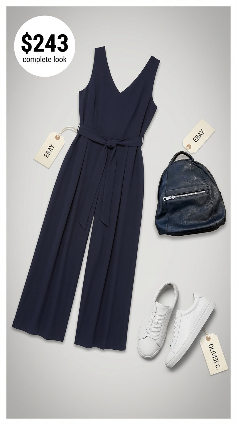 Effortless City Escape: Cute Summer Outfits 2024 An effortless city escape cute summer outfit featuring a navy blue tencel jumpsuit, white leather sneakers, and silver hoops, perfect for comfortable travel.