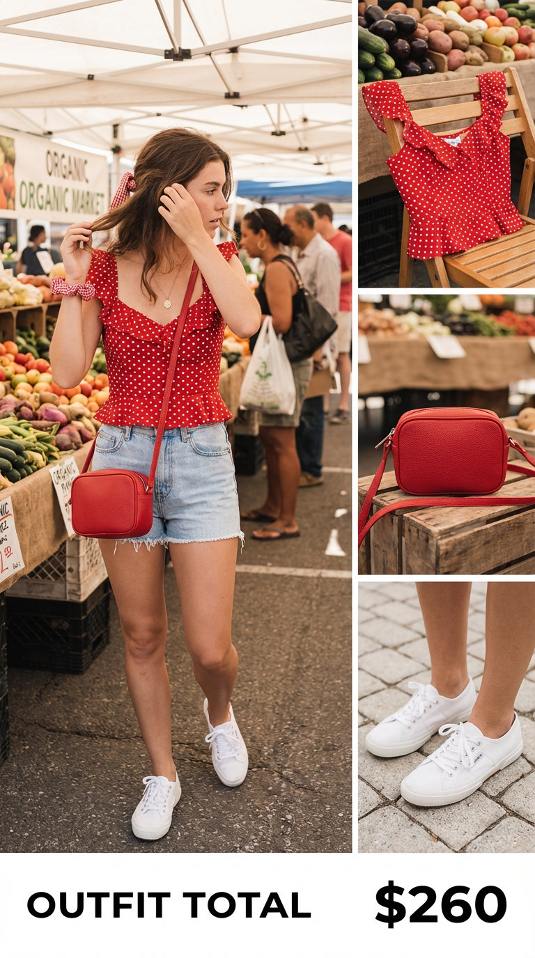 Playful Park Picnic: Cute Summer Outfits 2024 Distressed denim shorts, red polka dot crop top, canvas sneakers, and red camera bag for cute summer outfits.