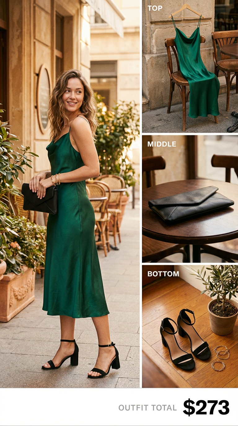 Chic Summer Evening Outfits 2024 Elegant emerald green satin slip dress and black mini clutch for a chic dinner date, perfect for cute summer outfits.