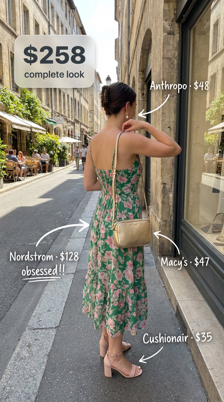 Garden Party Glamour: Cute Summer Outfits 2024 Vibrant floral print midi dress with V-neck, nude pink sandals, and gold crossbody, ideal for cute summer outfits.