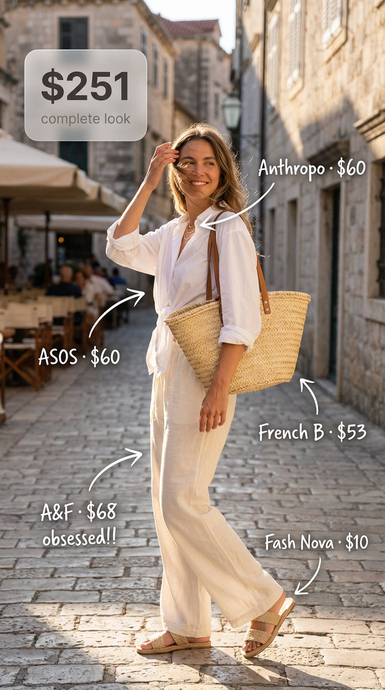Coastal Brunch Charm: Cute Summer Outfits 2024 Relaxed white button-down, beige wide-leg linen pants, jute espadrilles, and straw tote for cute summer outfits.
