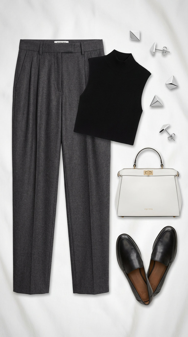 Modern Gallery Chic: Cute Summer Outfits 2024 Modern art gallery and museum cute summer outfit with charcoal wide-leg trousers, a black ribbed turtleneck, white top-handle bag, and black loafers, perfect for a sophisticated lunch.