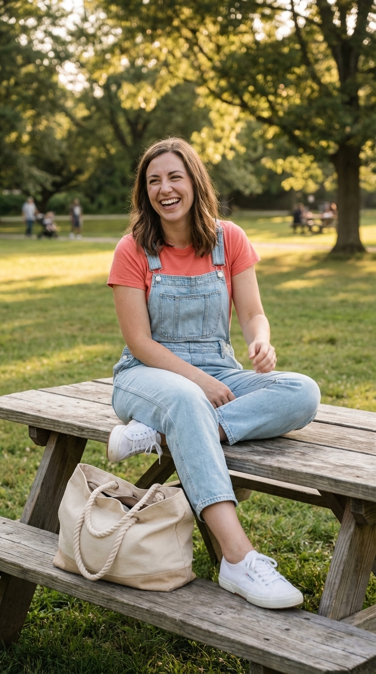 Playful Park Picnic: Cute Summer Outfits 2024 A playful park picnic cute summer outfit featuring light wash denim overalls, a coral t-shirt, white sneakers, and a canvas tote bag.