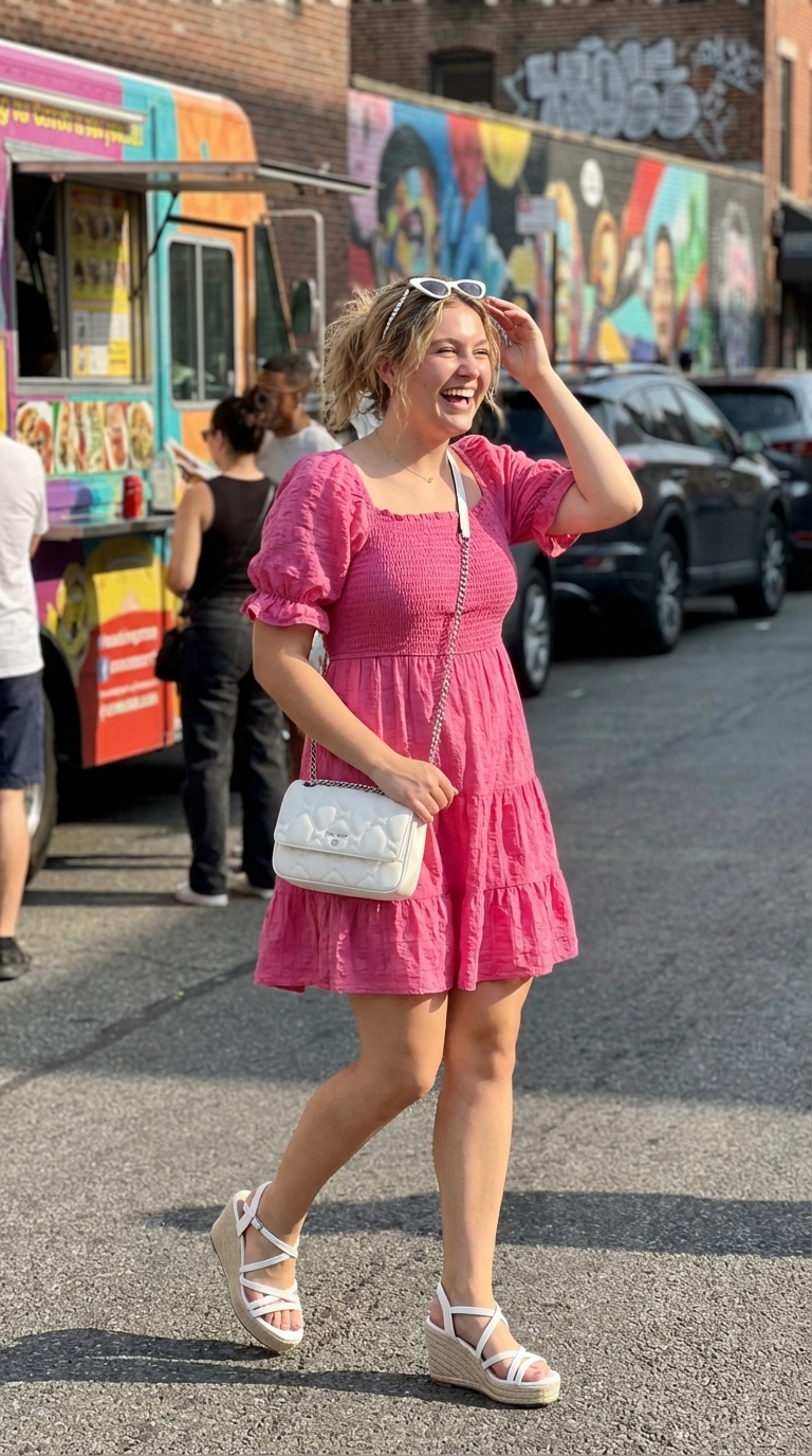 Popsicle & Promenade: Cute Summer Outfits 2024 Playful hot pink smocked babydoll mini dress, white platform espadrille sandals, and cat-eye sunglasses for cute summer outfits.