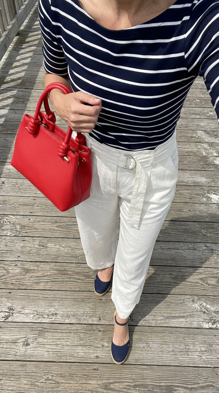 Nautical Escape Style: Cute Summer Outfits 2024 Nautical navy and white striped top, white wide-leg trousers, espadrille wedges, and red top-handle bag for cute summer outfits.