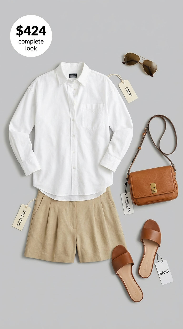 Urban Safari Chic: Cute Summer Outfits 2024 A polished urban safari chic cute summer outfit featuring khaki linen shorts, oversized white button-down, tan slide sandals, and aviator sunglasses.