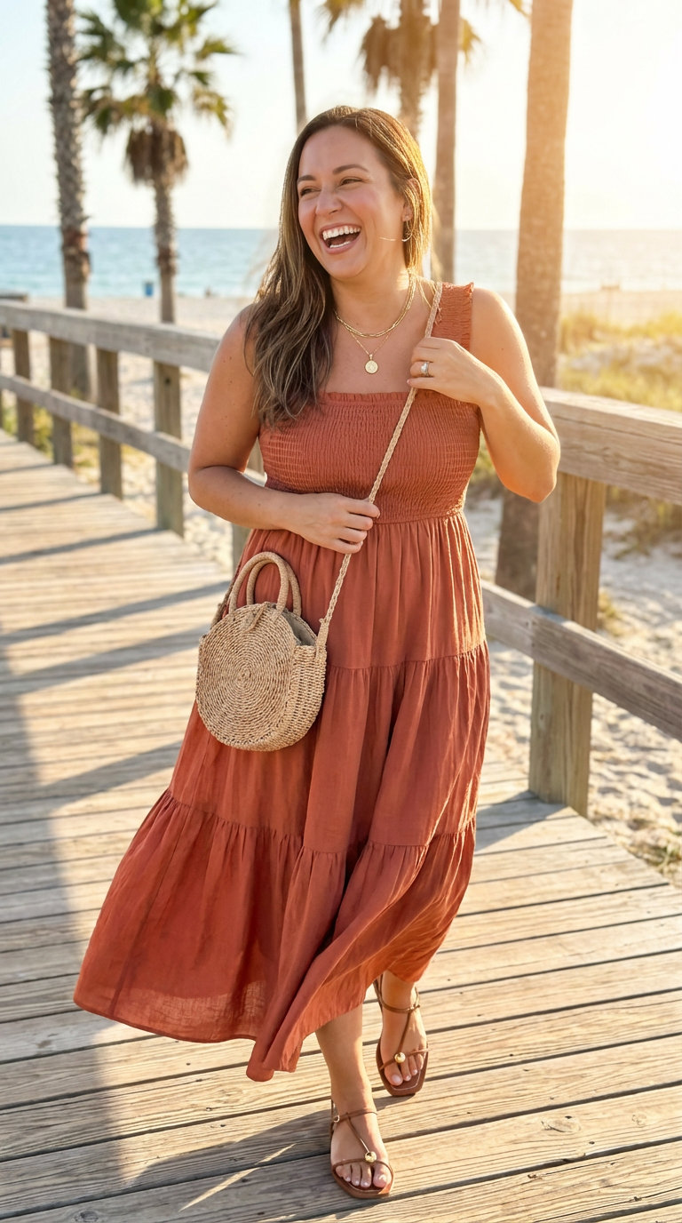 Boho Beach Brunch Outfits Summer 2024 Relaxed terracotta orange smocked maxi dress, tan strappy sandals, a round straw crossbody, and layered gold necklaces, perfect for outfits summer.