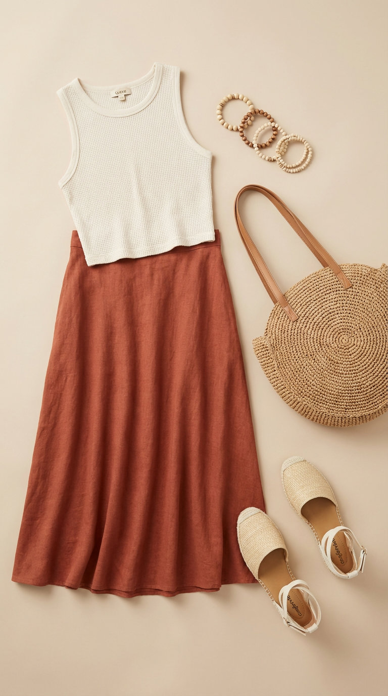 Boho Beach Club Outfits Summer 2024 Boho summer outfits featuring a terracotta tiered maxi skirt, cream crop tank, espadrille sandals, and a large straw tote for a beach club.