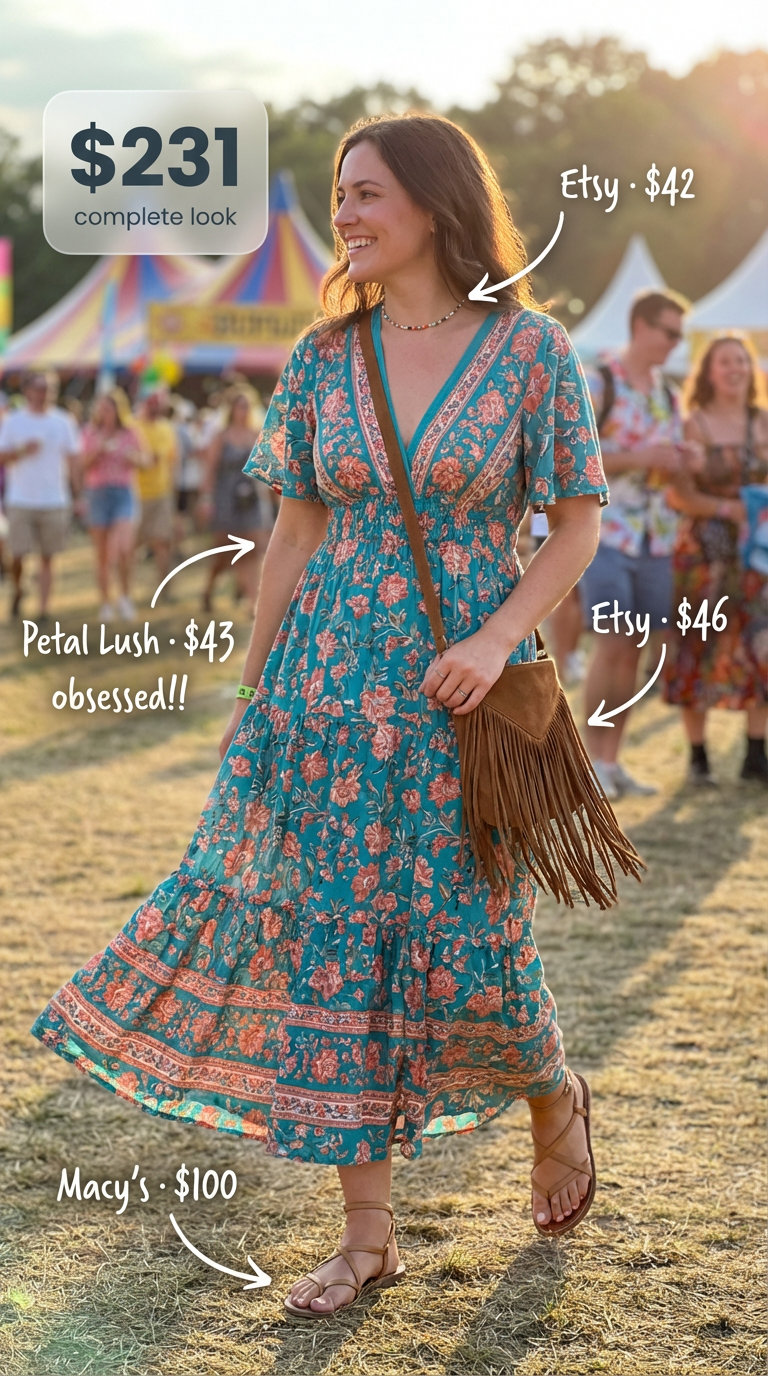 Boho Festival Outfits Summer 2024 Bohemian teal floral print tiered maxi dress, warm brown strappy flats, a fringed suede crossbody, and layered beaded necklaces for outfits summer.