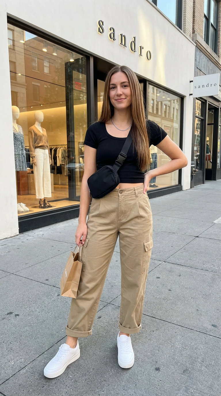 Casual City Outfits Summer 2024 Urban summer outfits featuring khaki high-waisted cargo pants, a black ribbed crop top, chunky white sneakers, and a black belt bag.