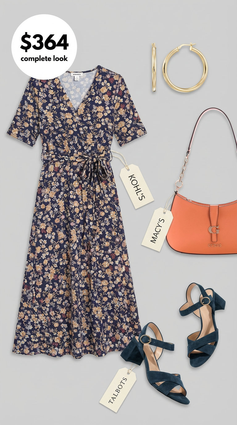Chic City Soiree Outfits Summer 2024 Chic navy floral print midi dress for summer outfits, styled with coral bag, gold hoops, and block heels, perfect for a city soiree or date night.