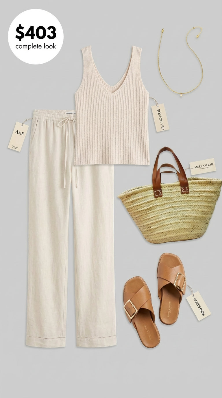 Coastal Linen Outfits Summer 2024 Relaxed ecru linen wide-leg pants, an off-white ribbed tank, tan leather slides, and a straw tote, embodying effortless outfits summer style.
