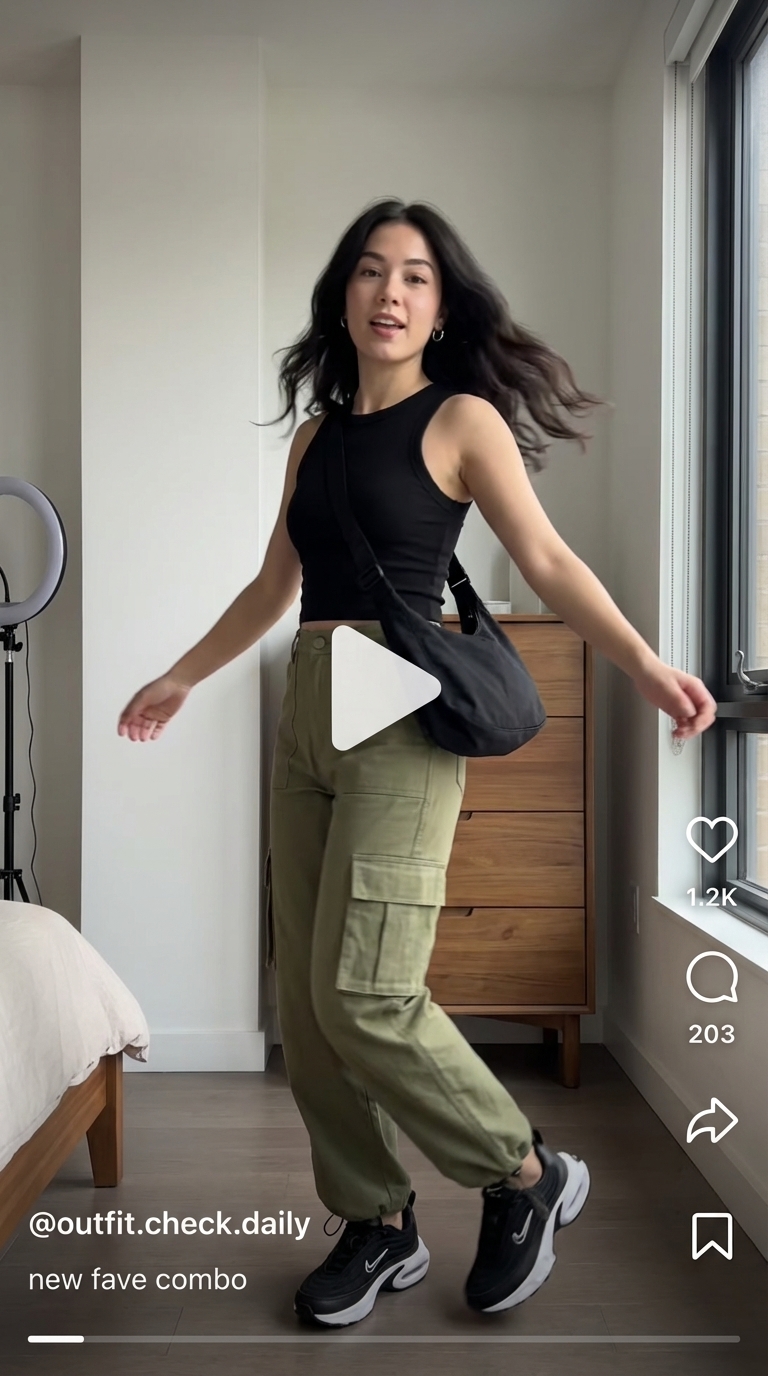 Cool Girl Casual Outfits Summer 2024 Edgy khaki green cargo pants with a black sleeveless crop top, chunky sneakers, and a crossbody bag, showcasing cool casual outfits summer style.