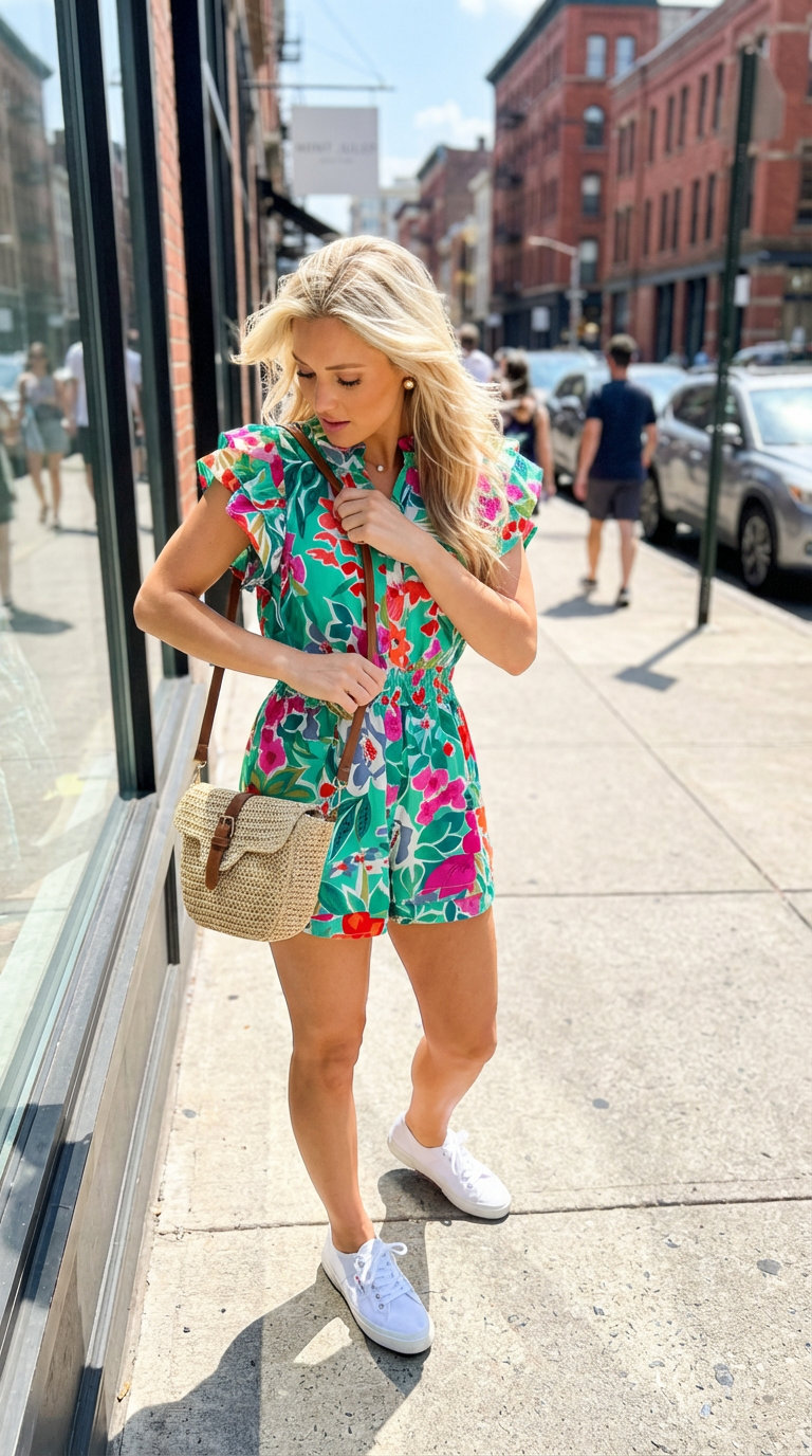 Playful Romper Outfits Summer 2024 Chic emerald green floral print romper with white canvas sneakers, a woven straw crossbody, and gold stud earrings, defining comfy outfits summer.
